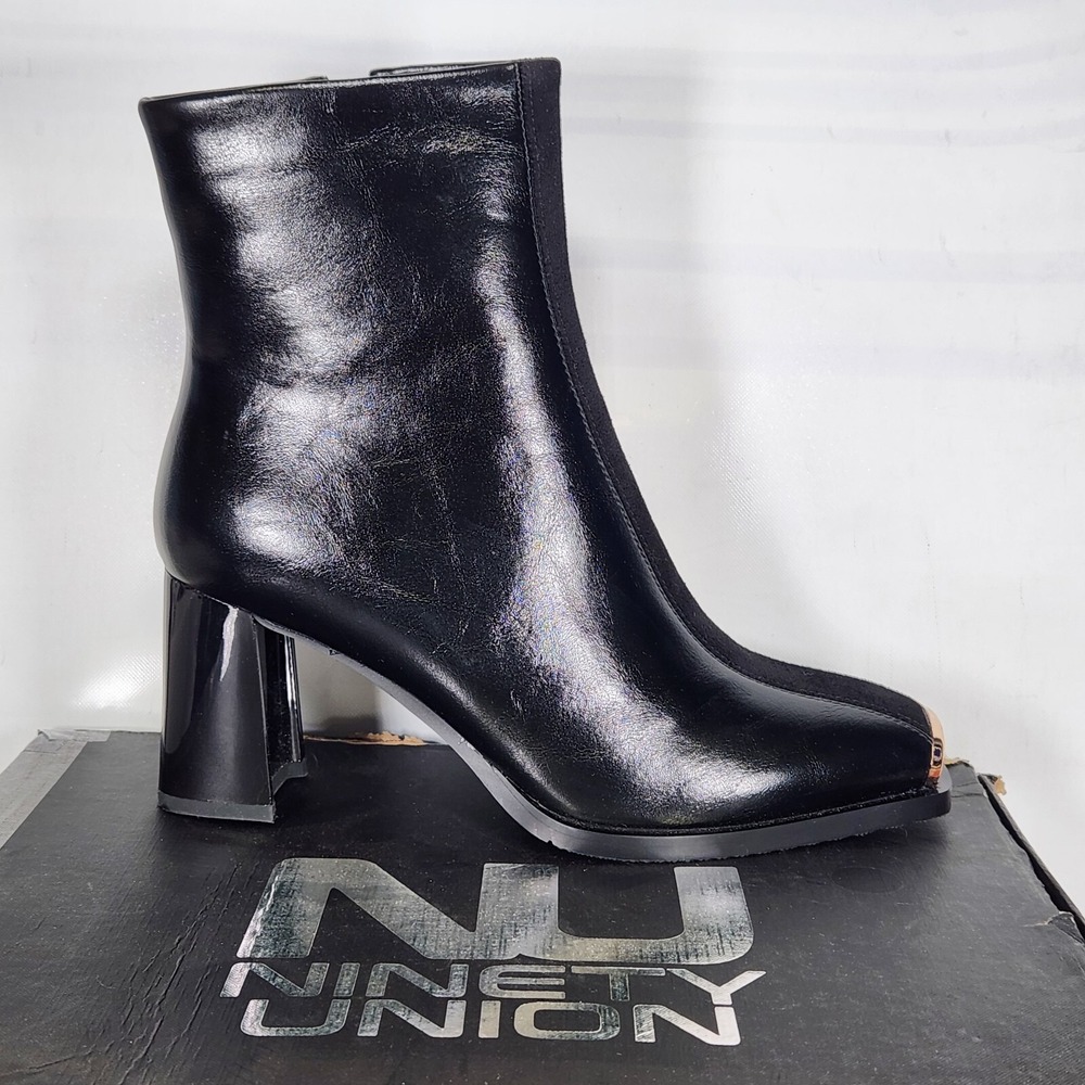 Ninety Union Tempo Bootie Women Size 6 Black Square Toe Block Heel Ankle Boots